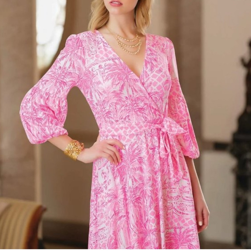 Lilly Pulitzer Pink and White Resort Wrap Dress with Bishop Sleeves